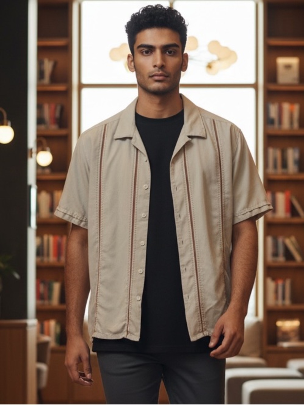 Saddlebred Beige Short-Sleeve Button-Down Shirt with Brown Stripe Accents